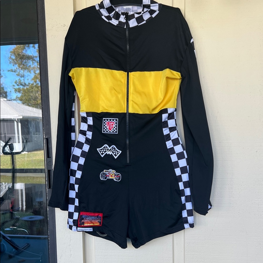 *073**Sexy Black and Yellow Checkered Racing Suit
